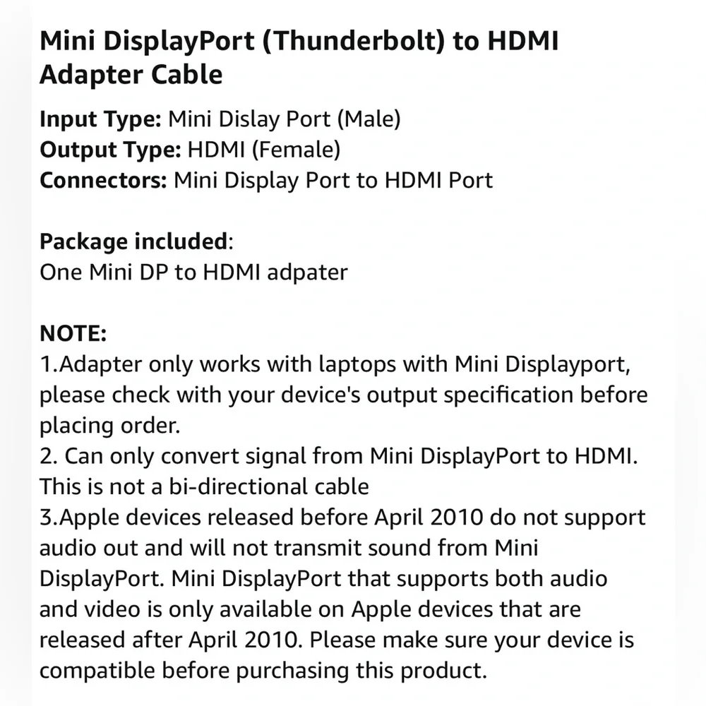 Mini DisplayPort (Thunderbolt) to HDMI Adapter Cable